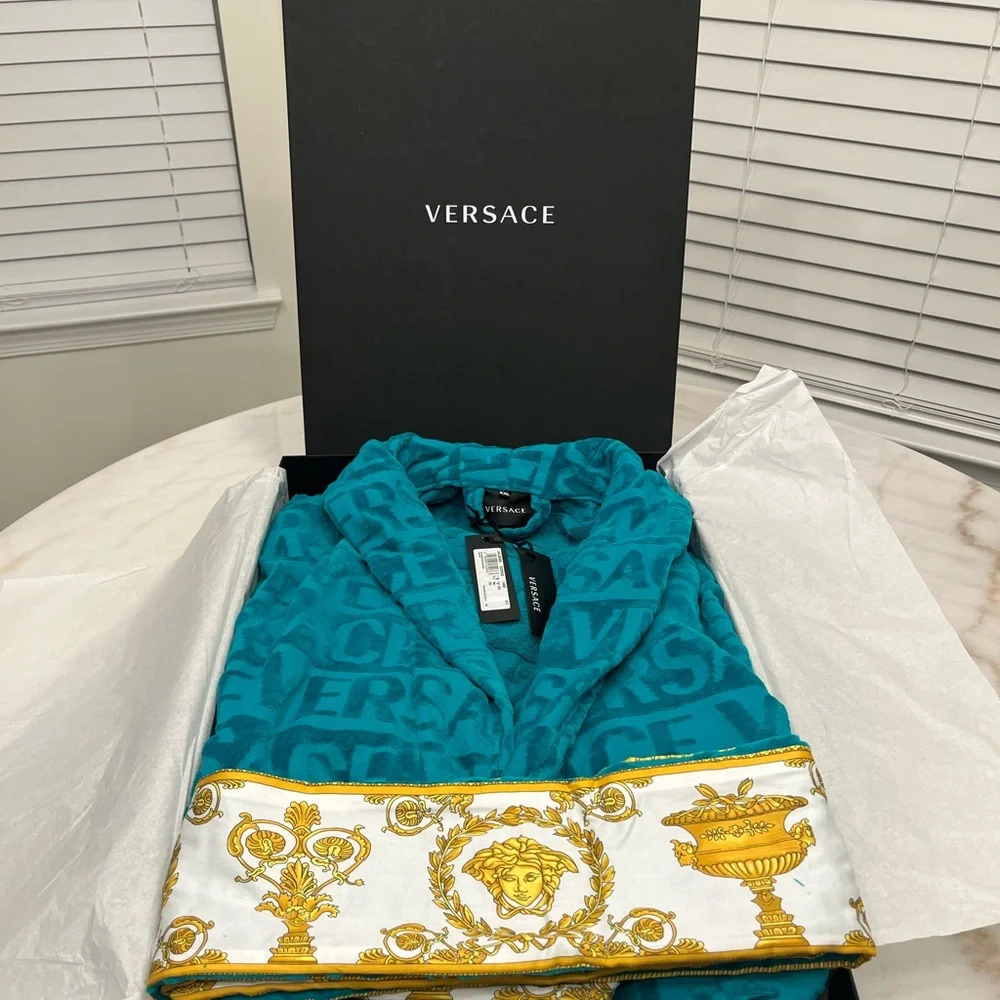 Versace Turquoise/Green and Gold Patterned Robe Unisex ๐ฏ Authentic XXL - Picture 6 of 7